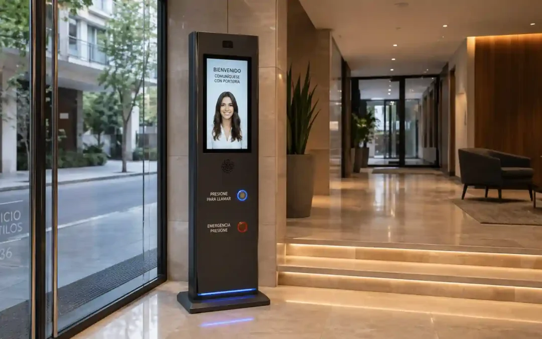 Hall de edificio con control de accesos por tag, biometría y portero visor