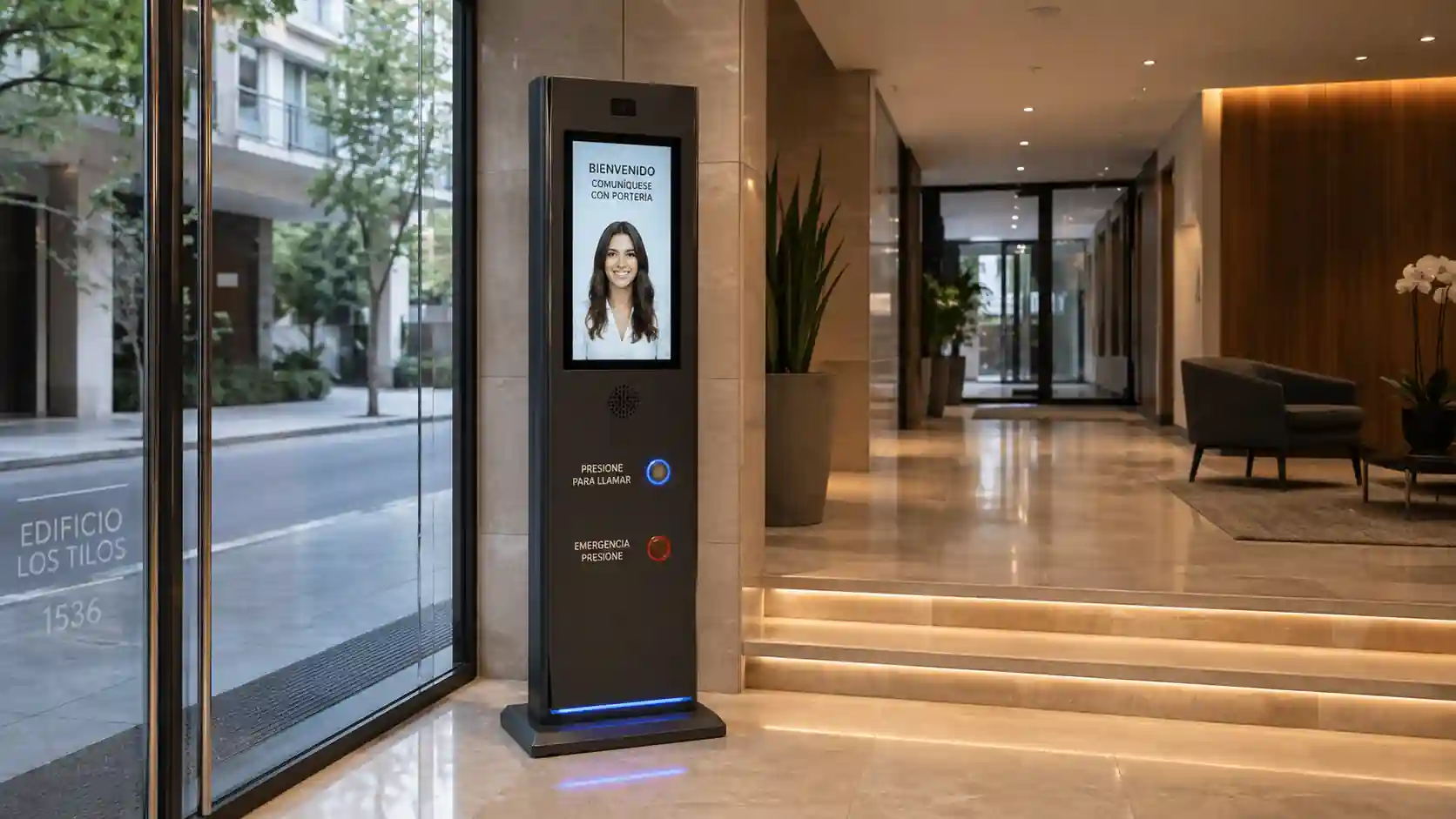 Hall de edificio con control de accesos por tag, biometría y portero visor