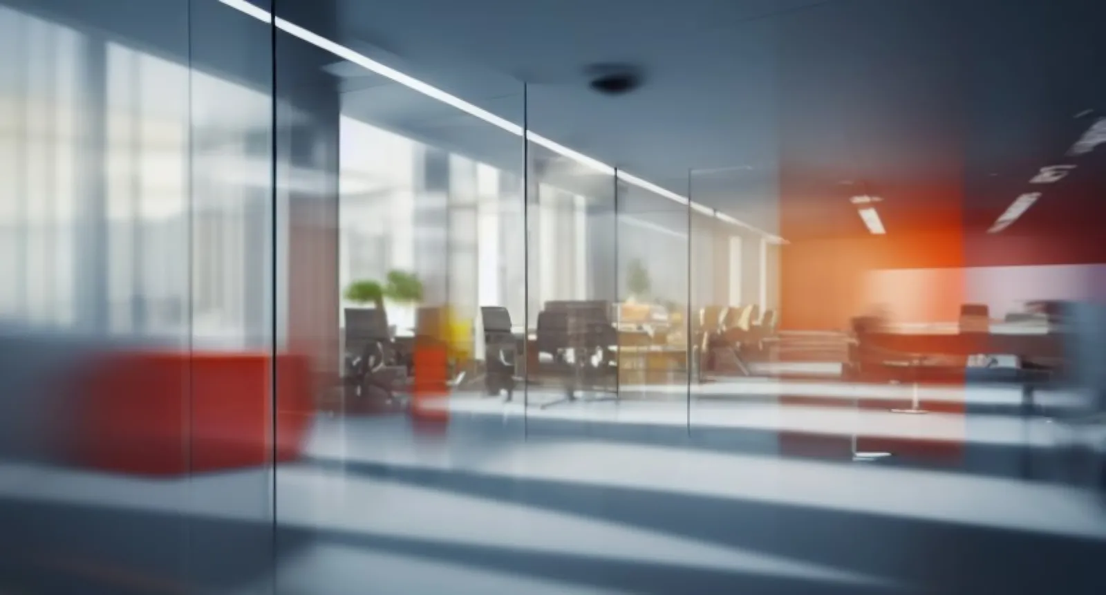 Espacio de oficina corporativa vacía después del final de la jornada laboral con vidrio y luz tenue