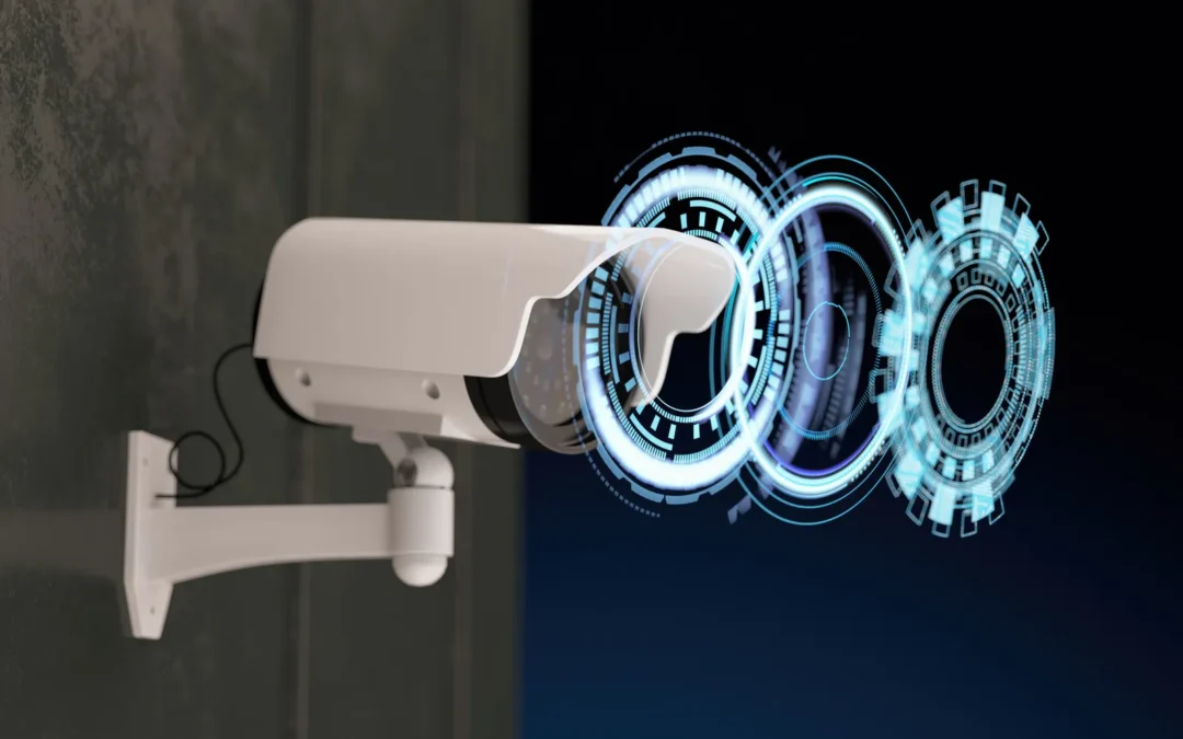 Cámara de seguridad CCTV bullet con overlay digital de monitoreo activo en oficina corporativa