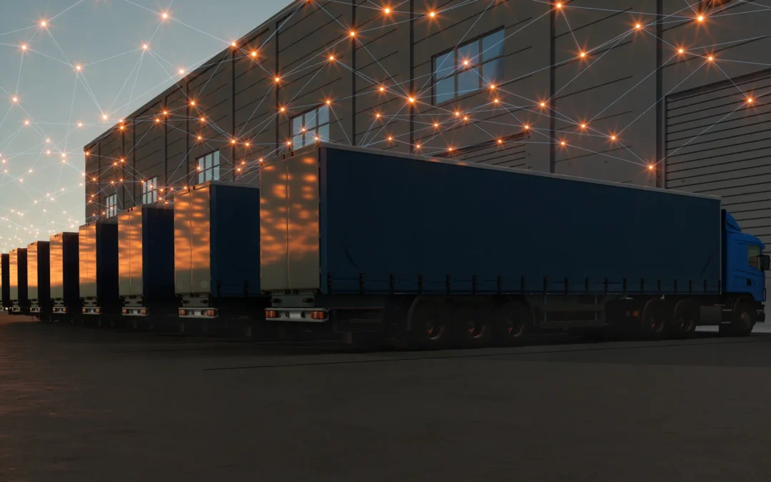 Flota de camiones de logística con red digital de gestión y telemetría sobre warehouse moderno