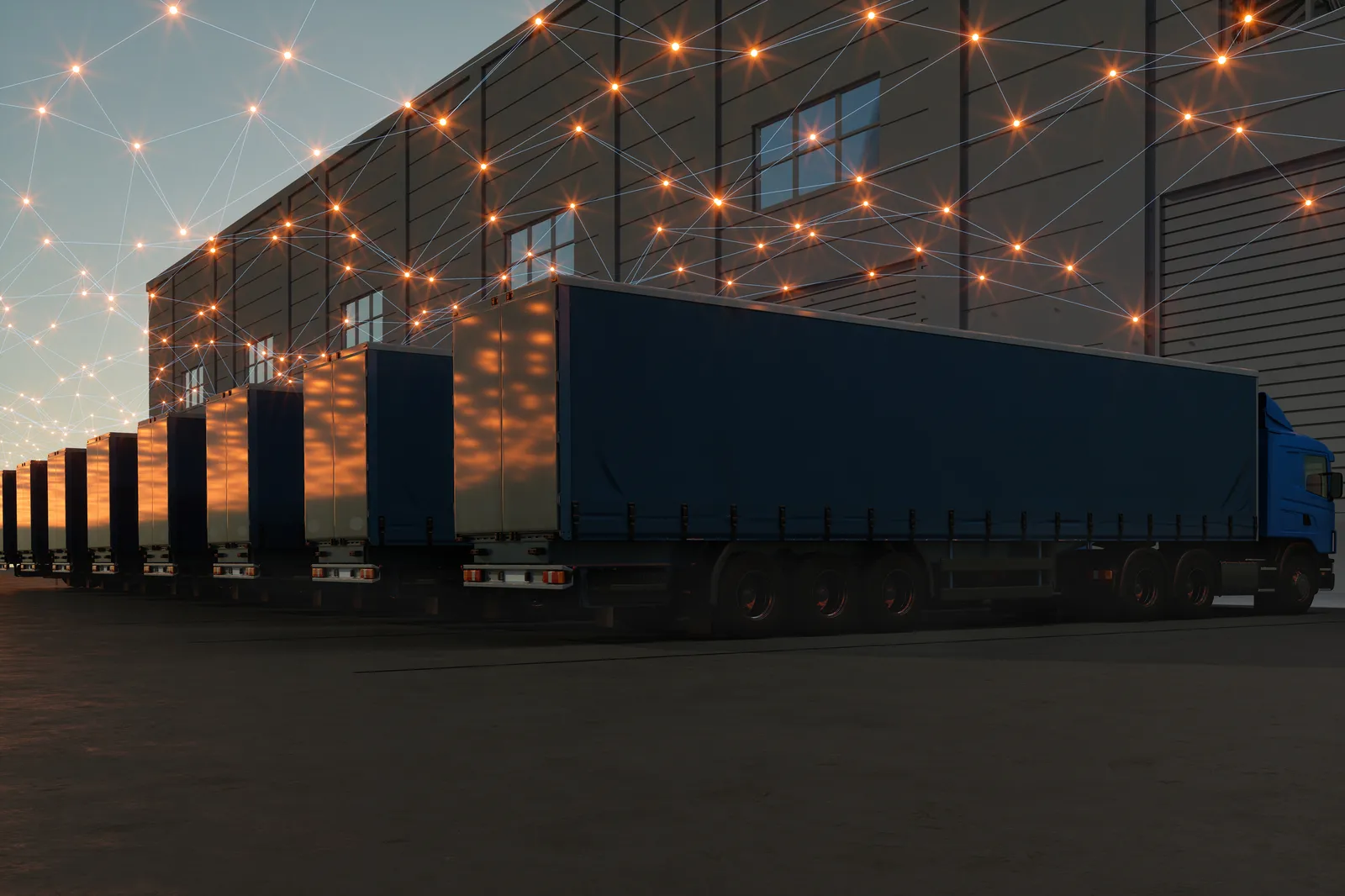Flota de camiones de logística con red digital de gestión y telemetría sobre warehouse moderno