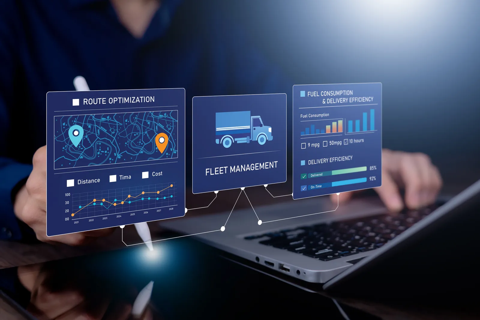 Dashboard digital de gestión de flota con scoring de conducción y optimización de rutas en laptop