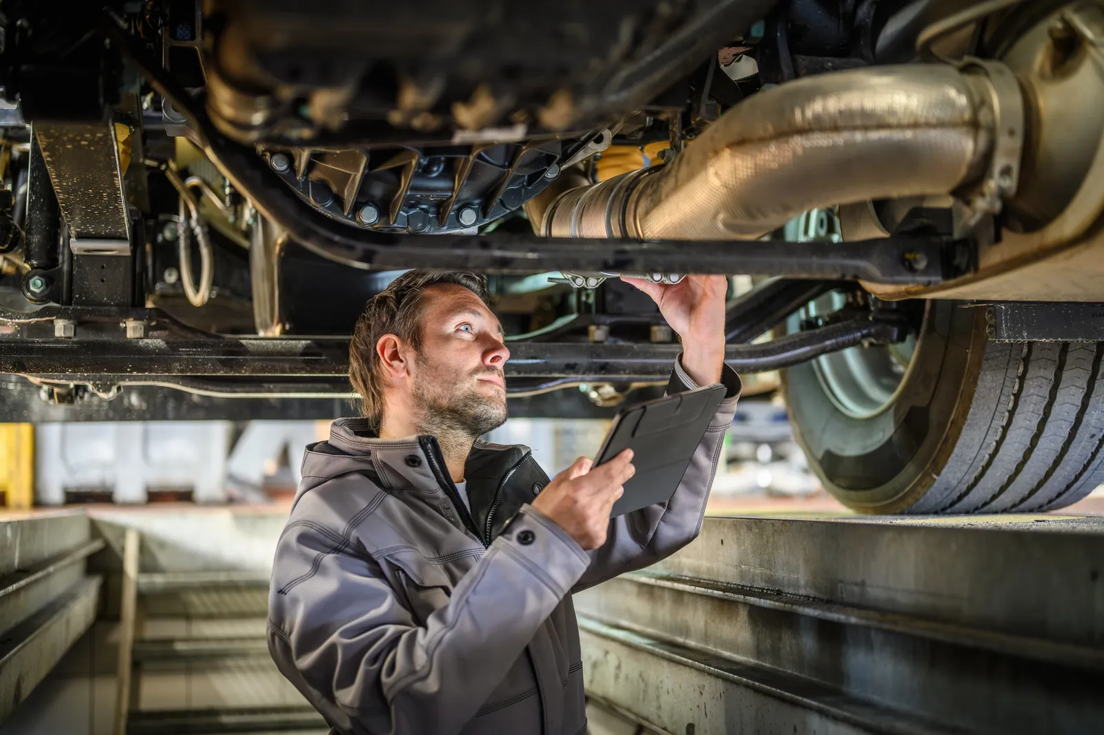 Mecánico verificando camión con tablet de diagnóstico OBD, mantenimiento predictivo basado en datos