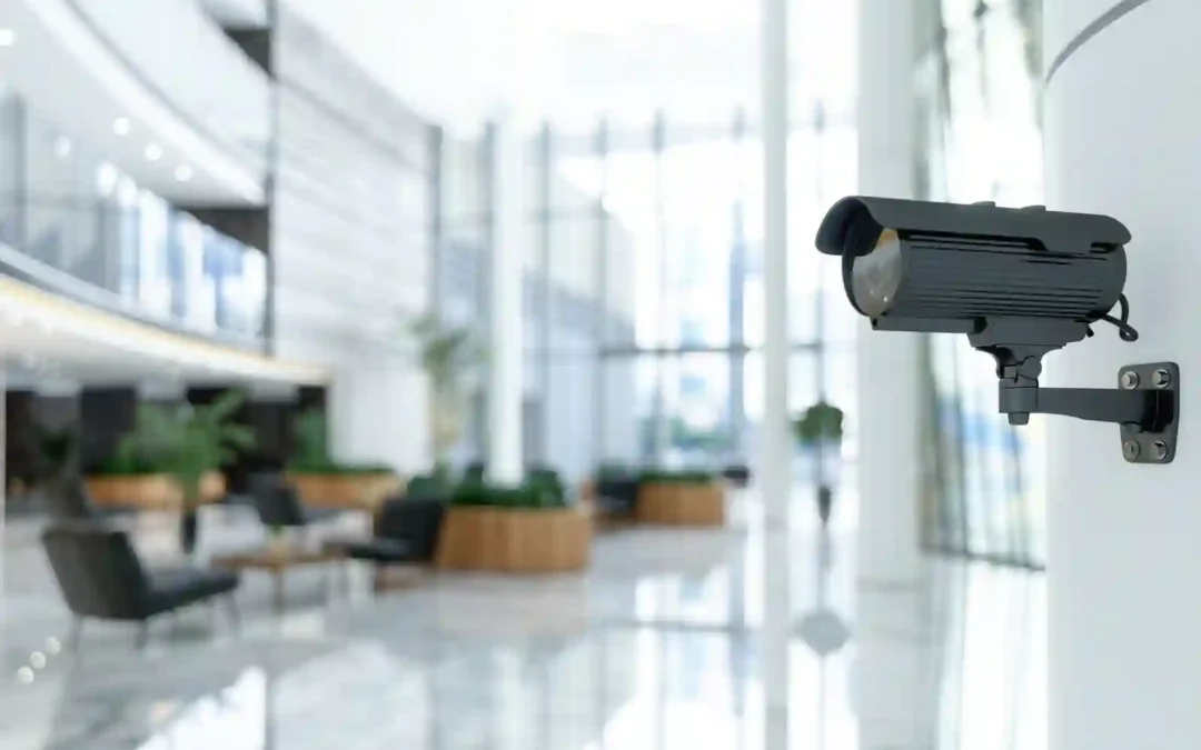 Cámara de seguridad IP instalada en lobby de edificio corporativo premium en Buenos Aires