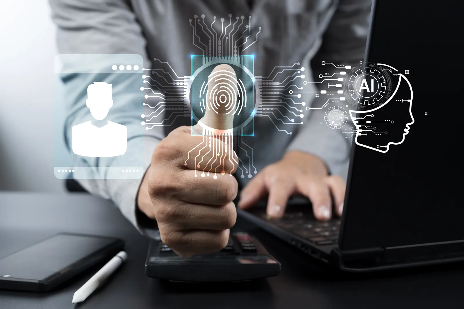 Profesional autenticándose con huella digital integrada a sistema de identidad corporativa con verificación multifactor e inteligencia artificial