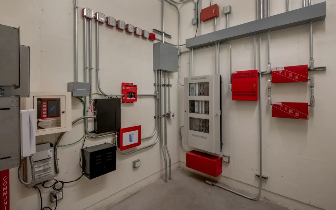 Sala técnica de control de incendios con paneles centrales y equipos de detección visibles