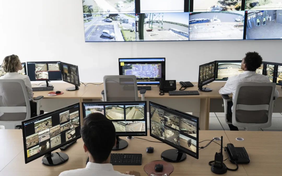 Operadores en central de monitoreo 24/7 supervisando múltiples cámaras CCTV en sala de control profesional