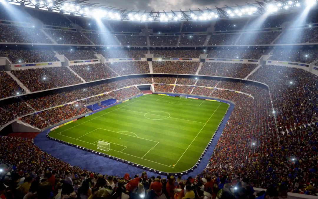 Vista panorámica de un estadio deportivo nocturno iluminado con la cancha verde y la hinchada completa