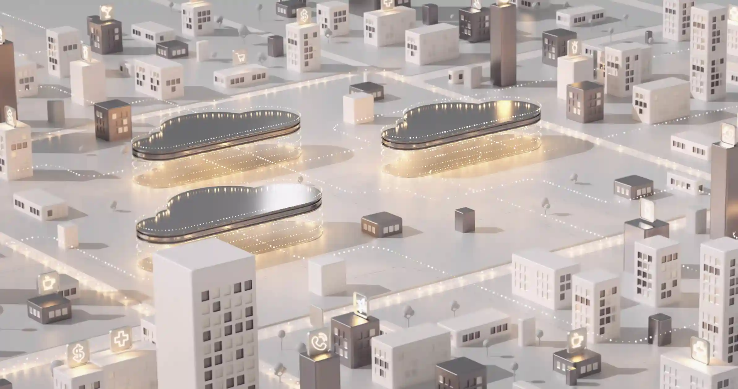 Visualización 3D de una ciudad con drones sobrevolando edificios y caminos iluminados
