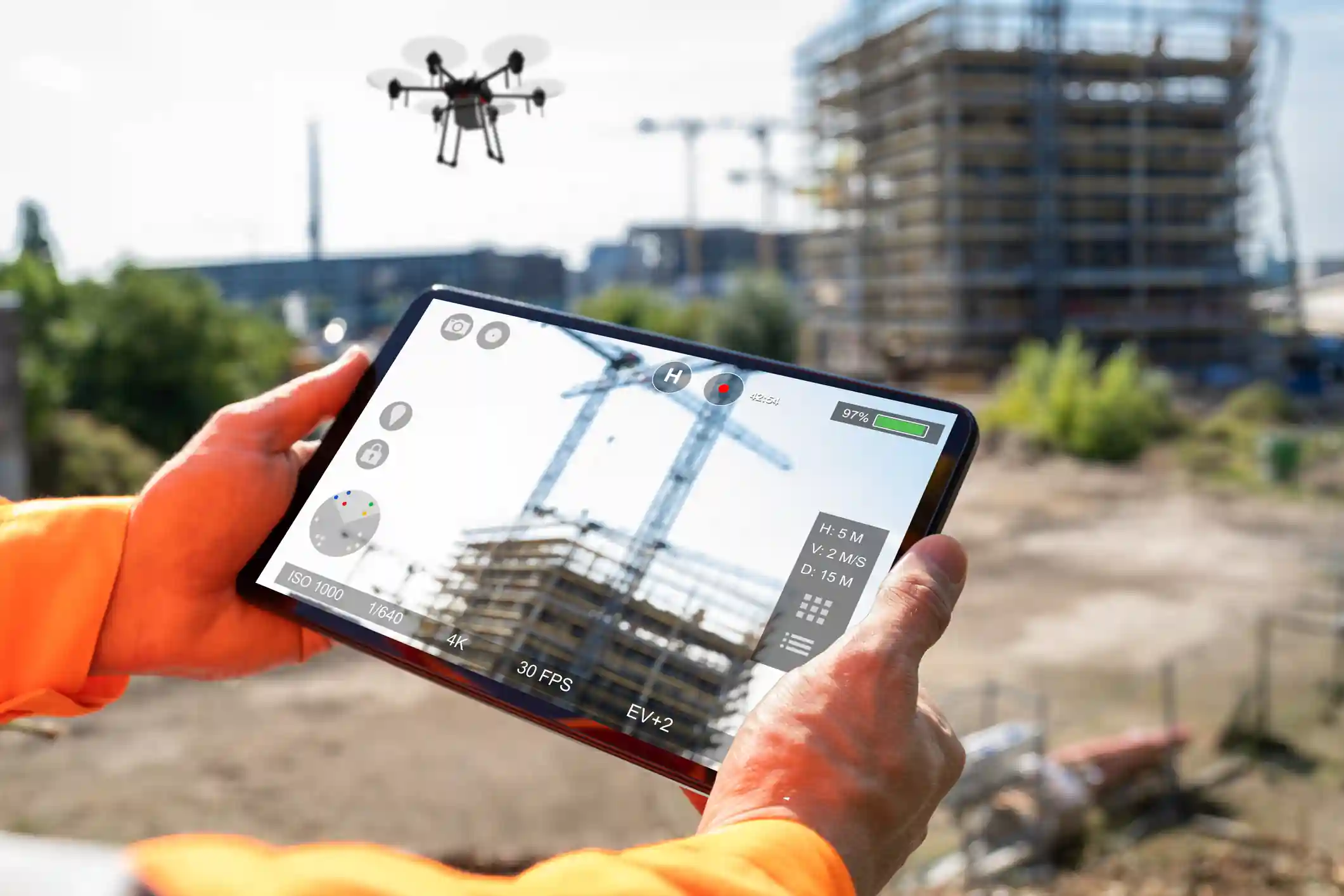 Operador profesional con tablet mostrando vista en vivo de un dron sobre una obra