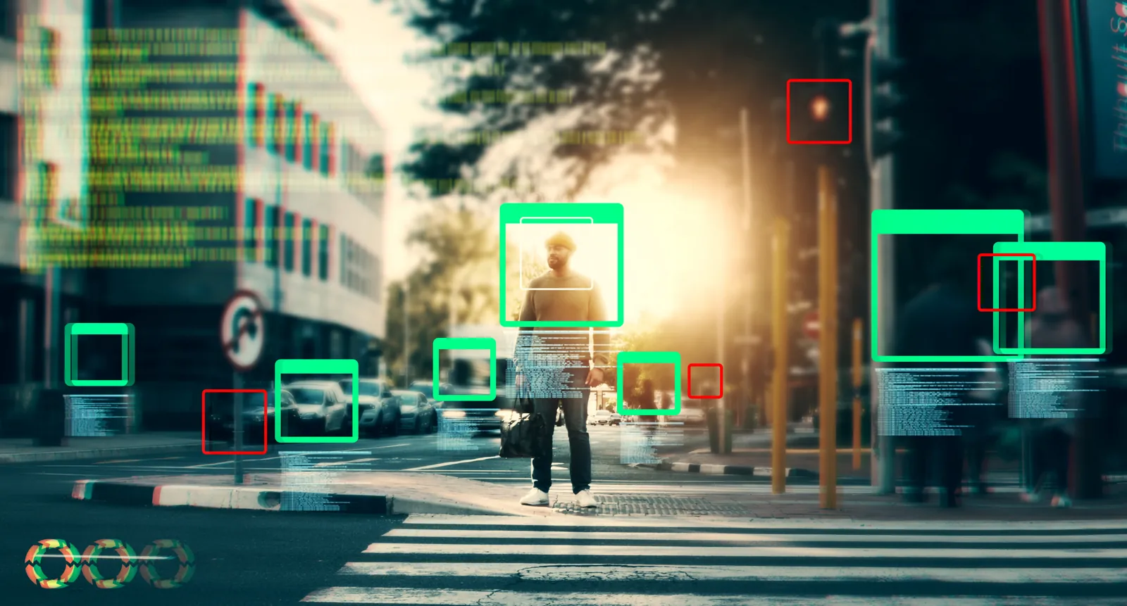 Analítica de video con inteligencia artificial marcando personas y objetos detectados en la calle