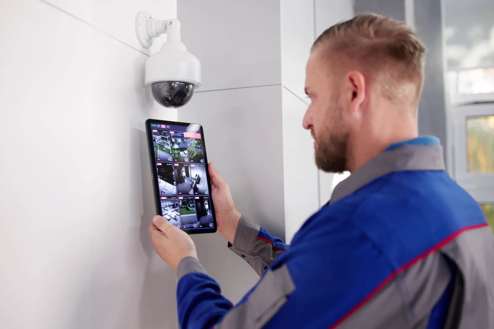Técnico especializado verificando con tablet la instalación de una cámara domo en un comercio