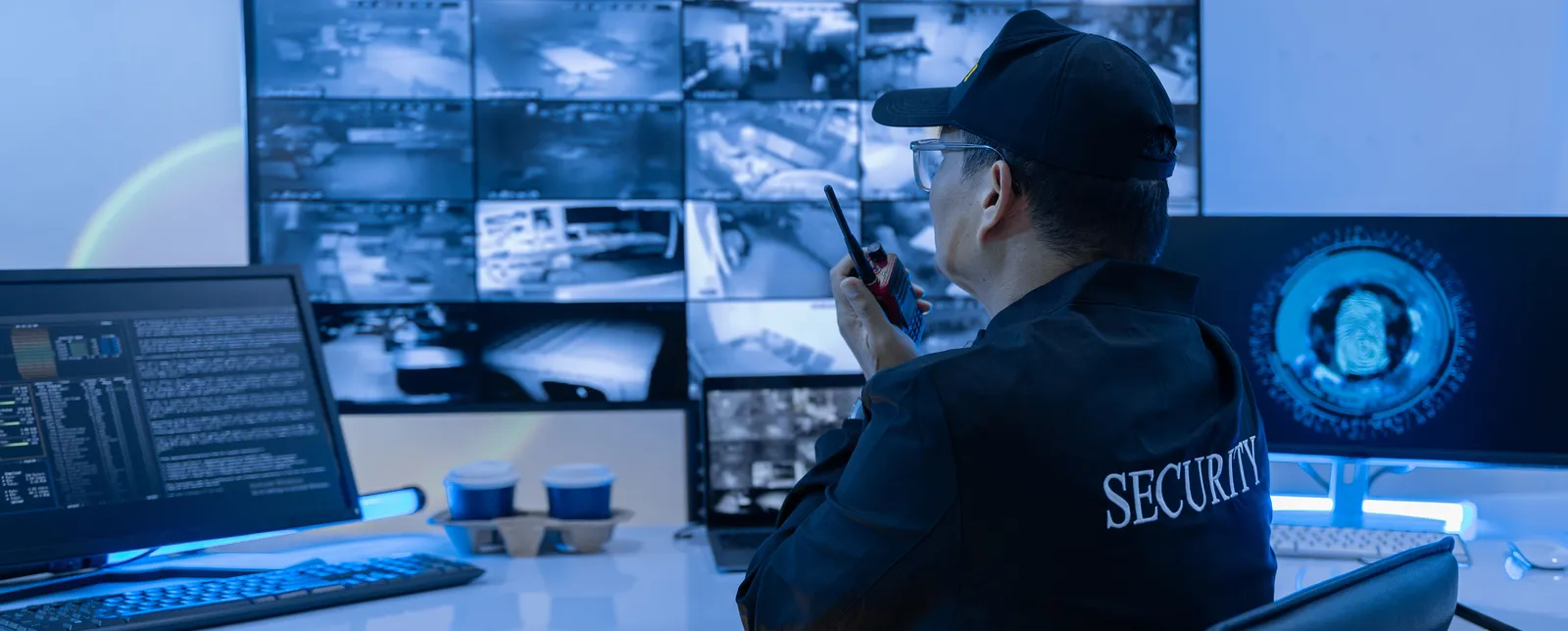 Operador de la central siguiendo cámaras y móviles en el videowall para despachar acudas