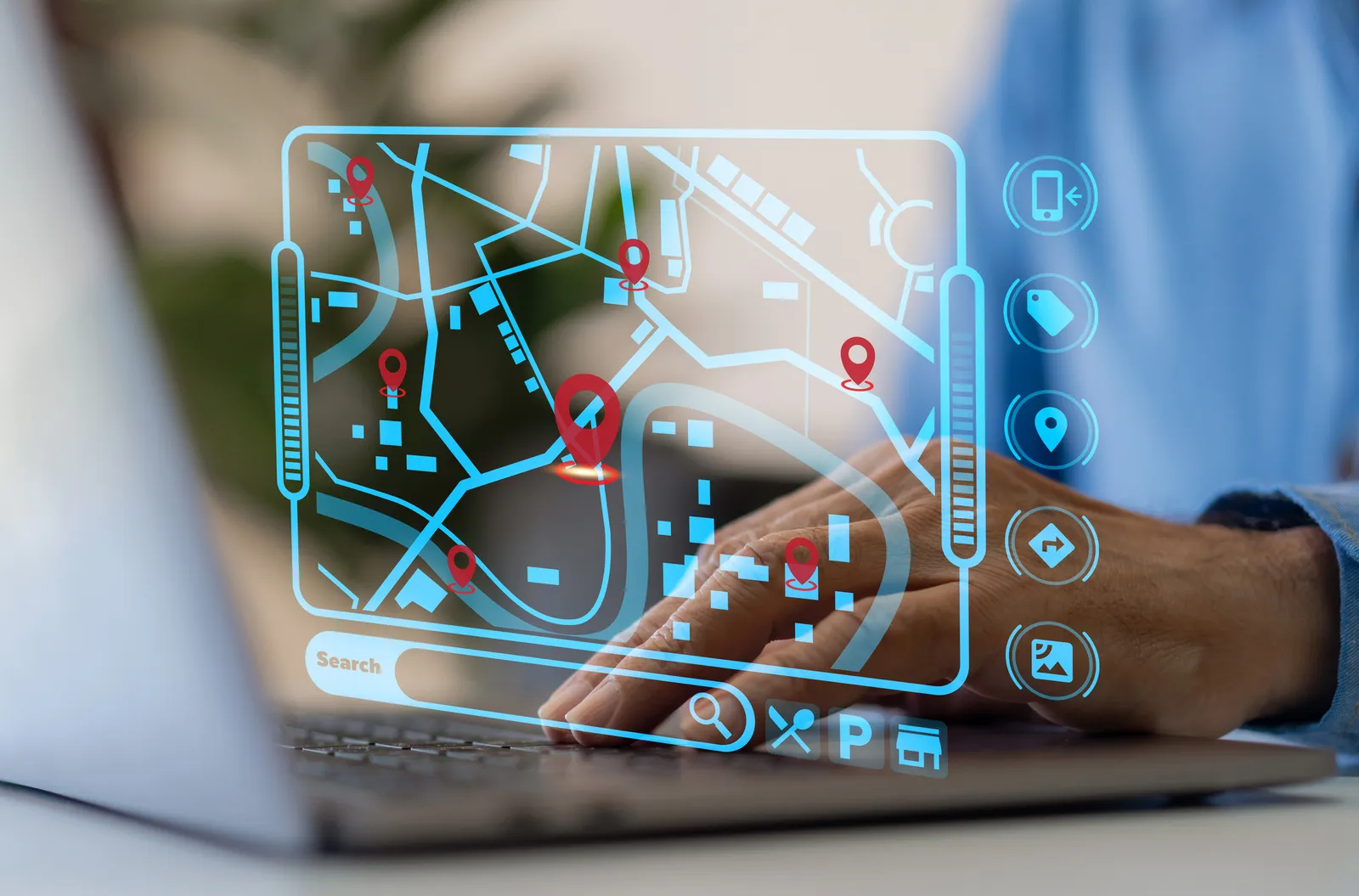 Mano interactuando con un mapa GPS digital de seguimiento de rutas de flota