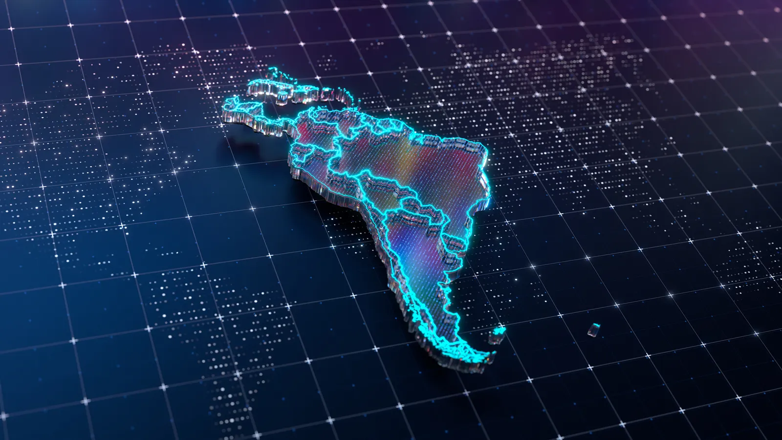 Mapa digital 3D de América del Sur con puntos de posicionamiento satelital