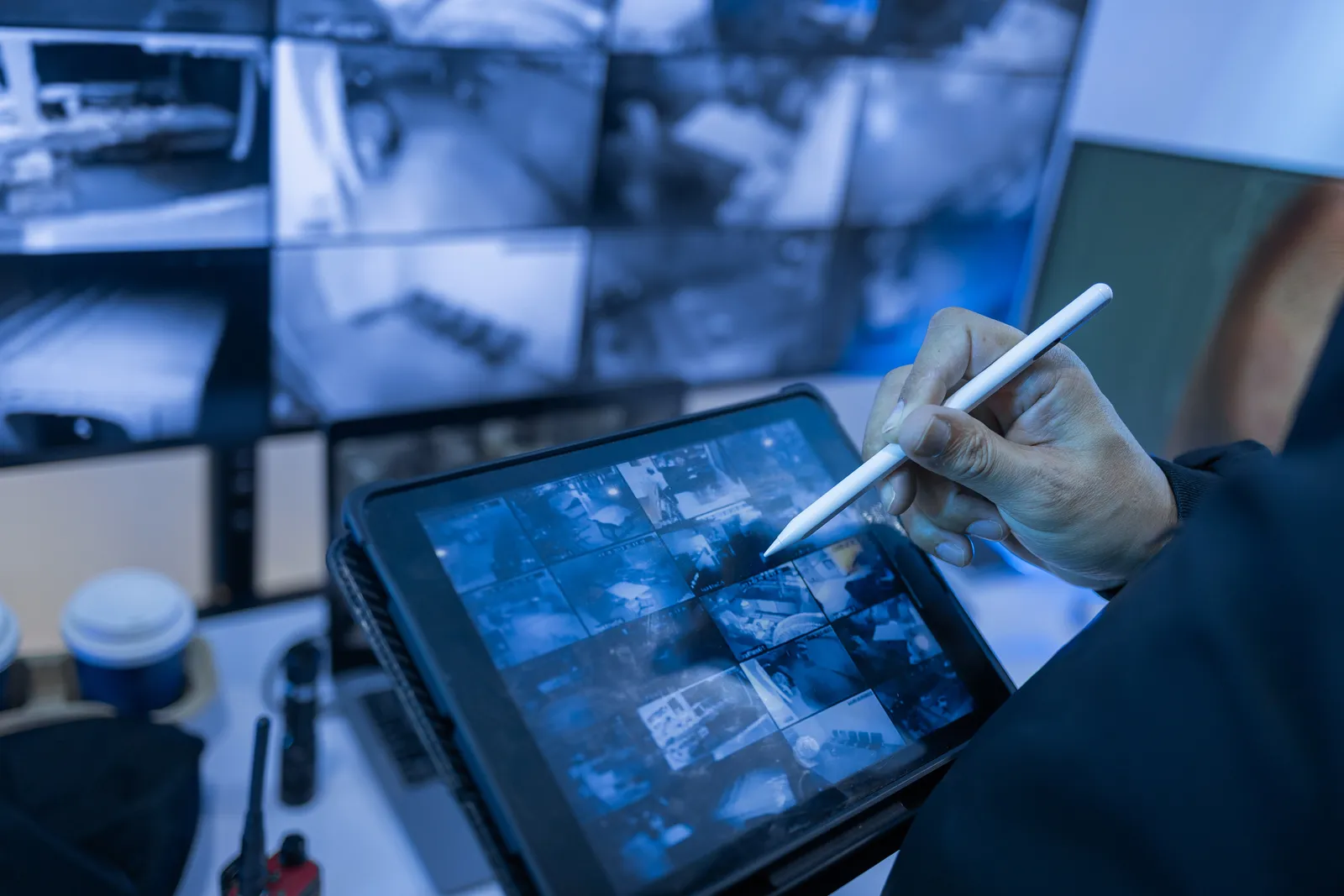 Operador videoverificando un evento en la tablet con la grilla de cámaras de fondo