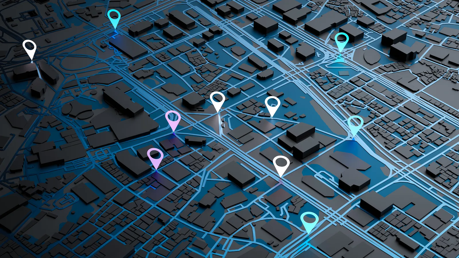 Mapa urbano con las sucursales de una cadena marcadas para el monitoreo centralizado