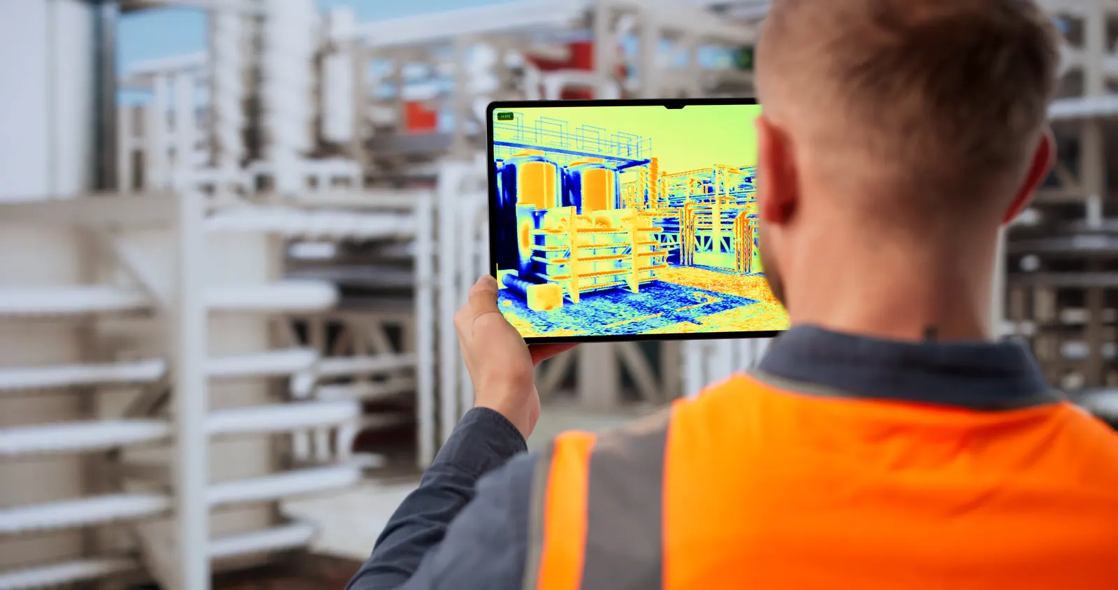 Técnico revisando en una tablet la imagen térmica de una planta industrial
