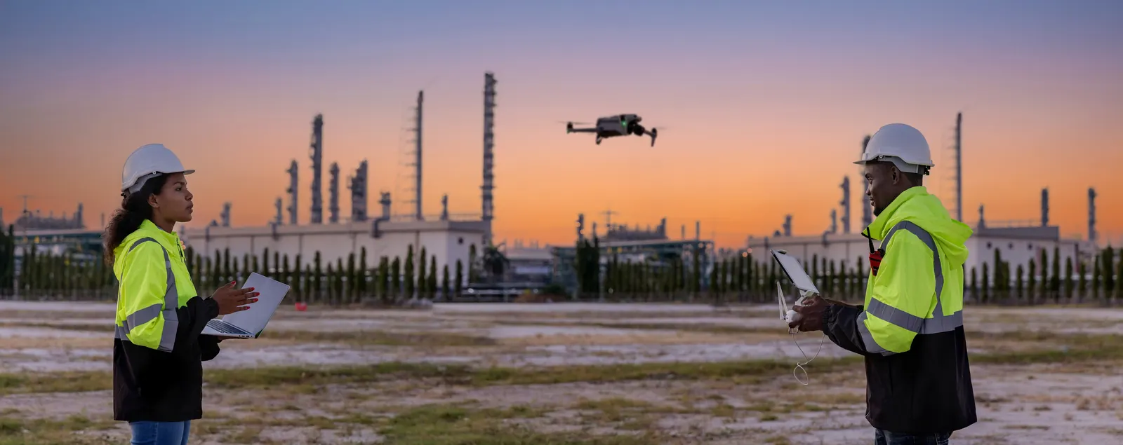 Dron sobrevolando una planta industrial al atardecer mientras dos ingenieros siguen la inspección