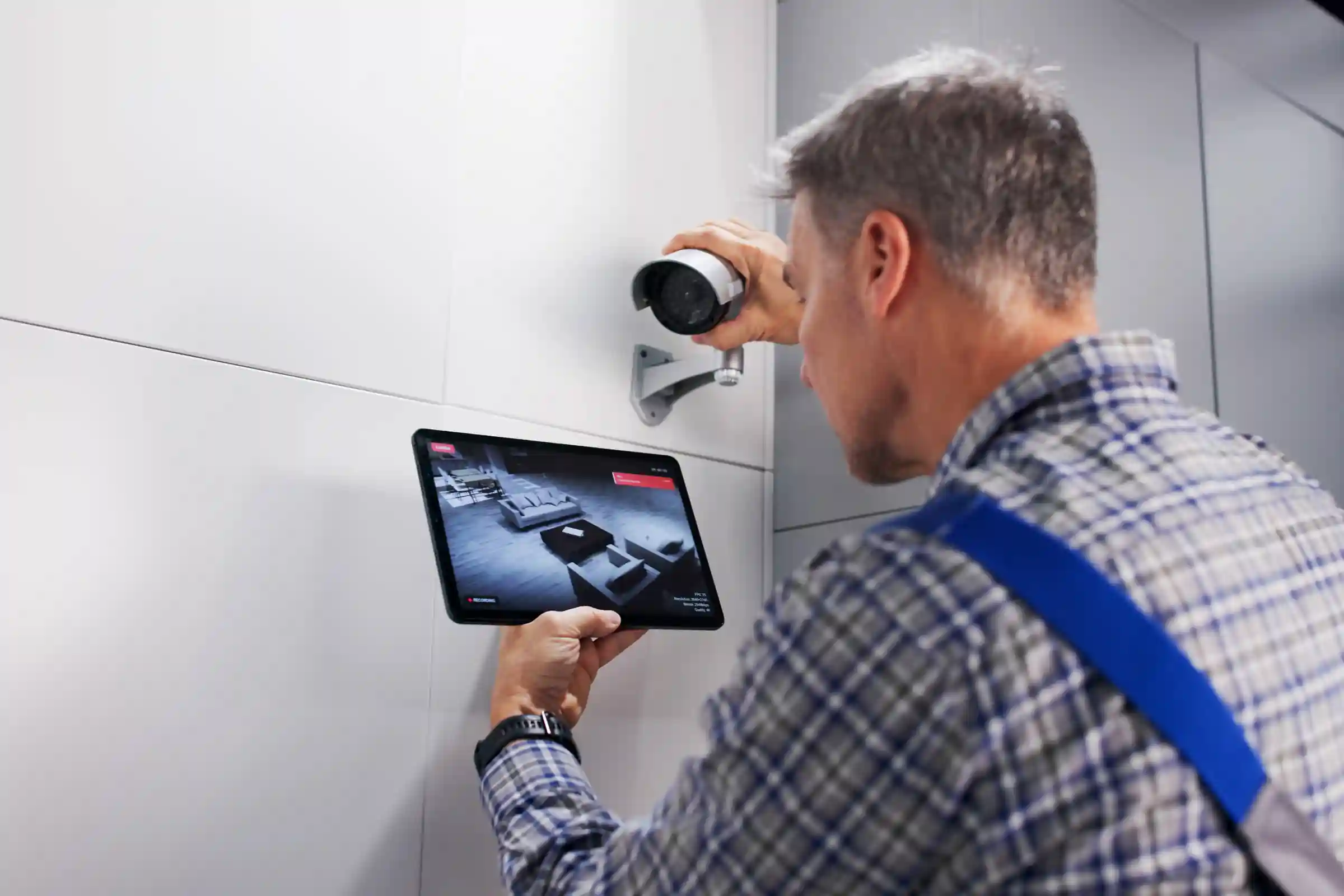 Técnico instalando una cámara de seguridad en una pared mientras revisa la imagen en una tablet